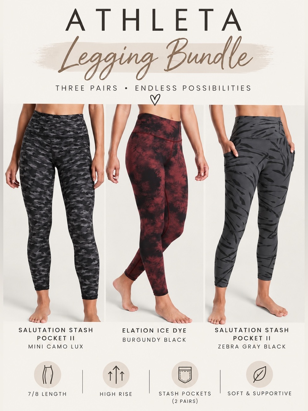 Athleta Leggings Bundle Lot of 3 7/8 High Rise Size Small S